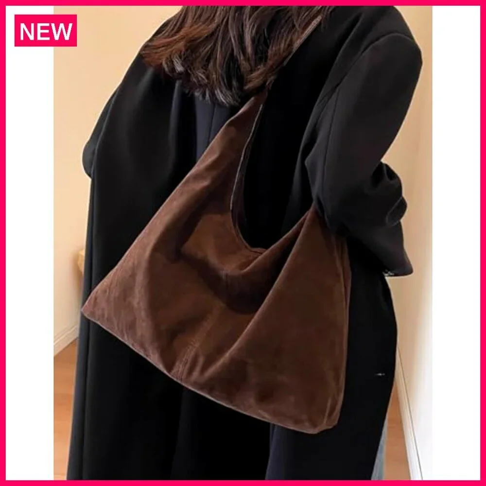 Large Faux Suede Shoulder Tote Bag, Zipper Closure, Lightweight Travel Work - Picture 3 of 8